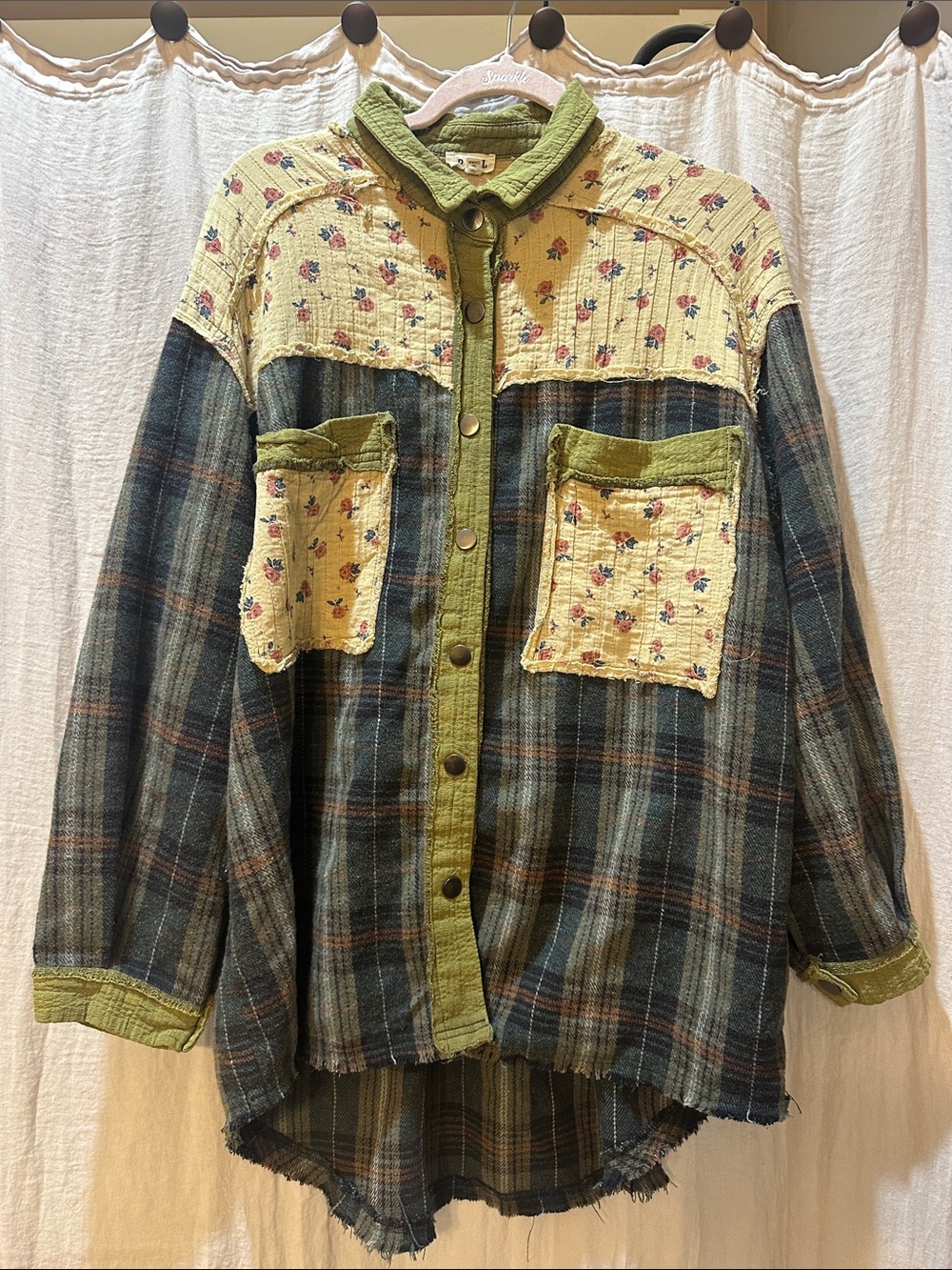 POL Olive Green Textured Shirt with Cream Liner